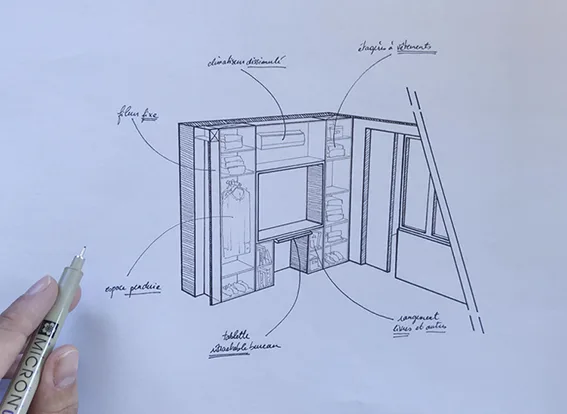 Au coeur du chêne - Architecte d'intérieur - Apolline GERONIMI - Croquis réalisé à la main pour le bureau dressing sur-mesure de la chambre d'une rénovation complète d'un appartement à Lyon 3 - Lyon Paris Grenoble Corse Montélimar Ardèche Nice Aix-en-provence