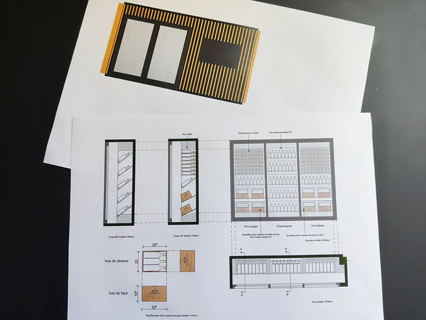 Au coeur du chêne - Architecte d'intérieur pour restaurant et commerce - Plan et élévation d'une cave à vin - aménagement intérieur pour un restaurant à Lacanau proche du Cap Ferret