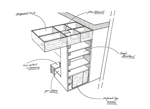 Au coeur du chêne - Architecte d'intérieur - Apolline GERONIMI - Croquis réalisé à la main pour la création sur-mesure d'un module tournant menuisé incluant une bibliothèque, une zone vaisselier, du rangement haut et bas ainsi qu'une zone d'assise au sein de la rénovation complète d'un appartement à Lyon 3 - Lyon Paris Grenoble Corse Montélimar Ardèche Nice Aix-en-provence