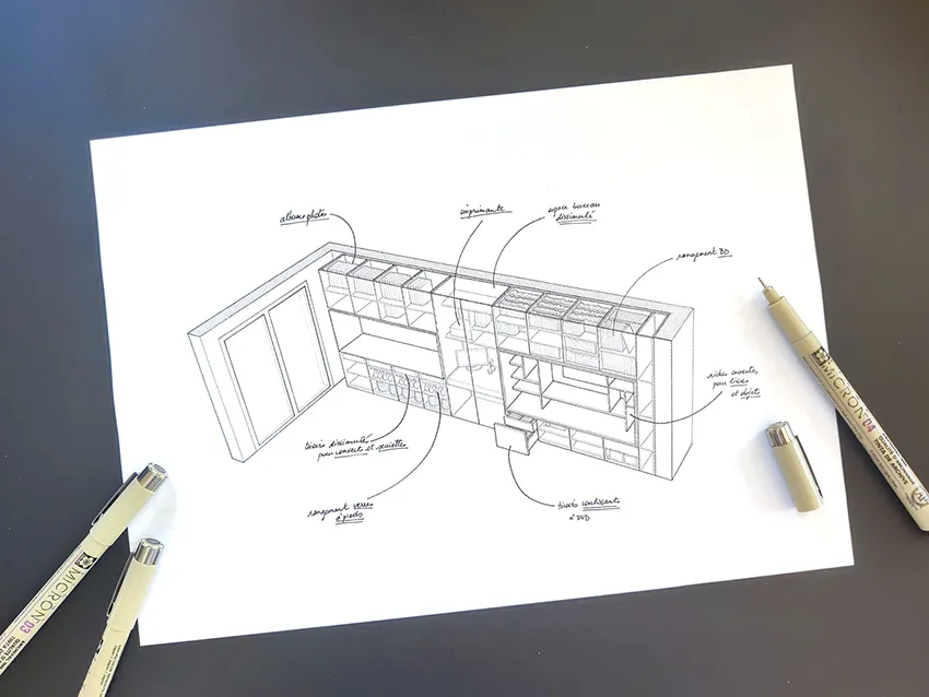 Au coeur du chêne - Prestation meuble sur mesure - Croquis à la main d'un meuble sur mesure buffet bureau meuble tv - Lyon Paris Corse Grenoble Montélimar