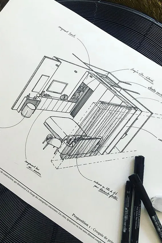 Au coeur du chêne - Architecte d'intérieur - Croquis noir et blanc d'un appartement en rénovation et vue de la chambre avec aménagement sur-mesure - Lyon Paris Grenoble Montélimar