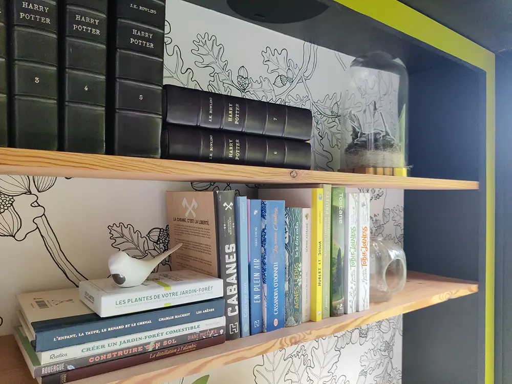 Aménagement intérieur d'une tiny house. Zoom sur bibliothèque et livres de l'espace canapé salon séjour.