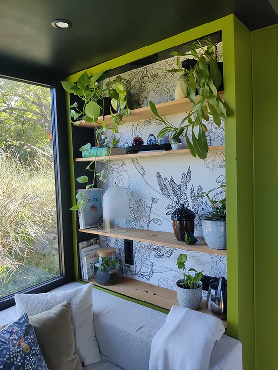 Aménagement intérieur d'une tiny house. L'une des bibliothèque de l'espace canapé et ses décorations et plantes.