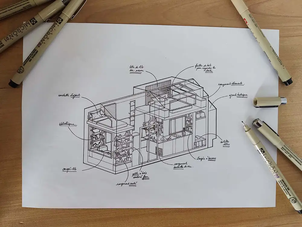 Aménagement intérieur d'une tiny house. Croquis d'ensemble de la tiny house réalisé main afin de positionner les différents volumes entre eux.