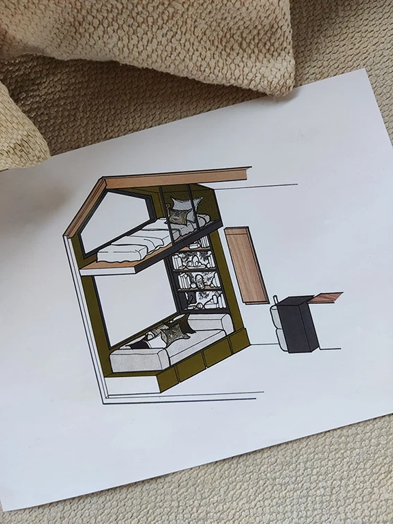 Aménagement intérieur d'une tiny house. Croquis de principe en couleurs de la niche verte regroupant l'espace canapé et la mezzanine à couchage simple.