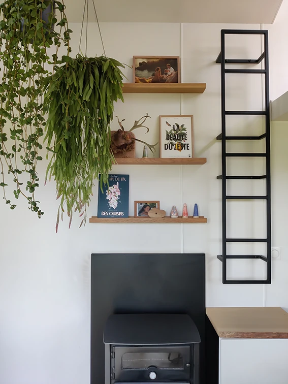 Aménagement intérieur d'une tiny house. Etagères avec décorations au dessus de poêle à bois et plantes suspendues