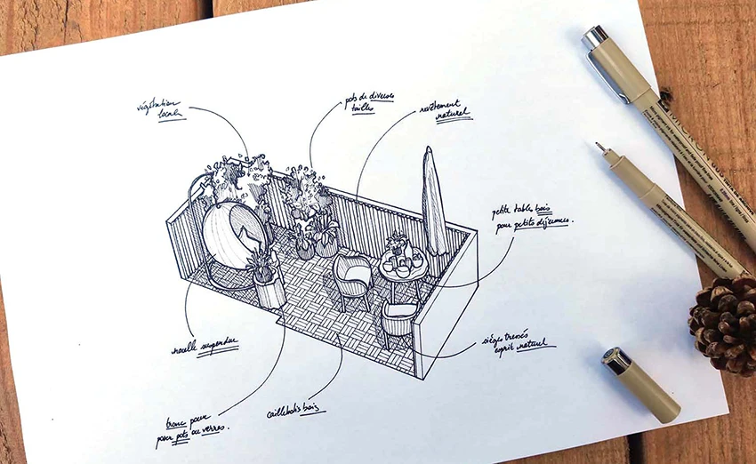 Architecte aménagement extérieur - Croquis de l'aménagement d'un balcon à Anglet proche de Biarritz